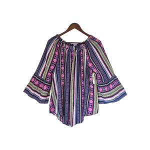 New Directions Floral Multicolor Striped Boho 3/4 Bell Sleeve Blouse Top Sz M